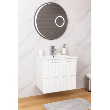 Set Baza front MDF cu Lavoar si Oglinda cu iluminare LED, seria 033, suspendata, cu sertare, montat, 60 cm, alb