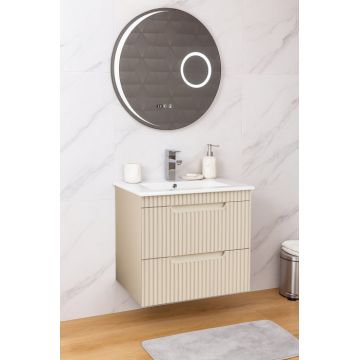 Set Baza front MDF cu Lavoar si Oglinda cu iluminare LED, seria 033, suspendata, cu sertare, montat, 60 cm, crem