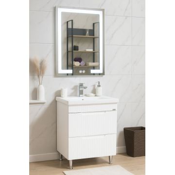 Set Baza front MDF cu Lavoar si Oglinda cu iluminare LED, seria 733, cu sertare, montat, 60 cm, alb