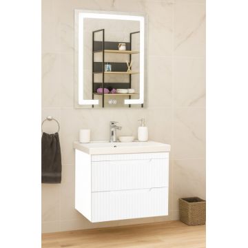 Set Baza front MDF cu Lavoar si Oglinda cu iluminare LED, seria 733, suspendata, cu sertare, montat, 60 cm, alb