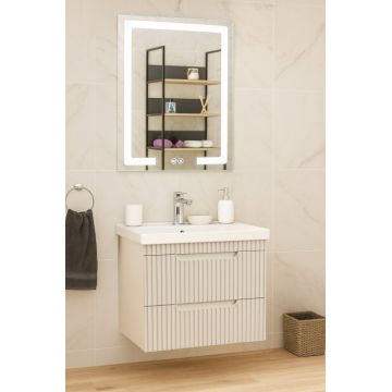 Set Baza front MDF cu Lavoar si Oglinda cu iluminare LED, seria 733, suspendata, cu sertare, montat, 60 cm, crem