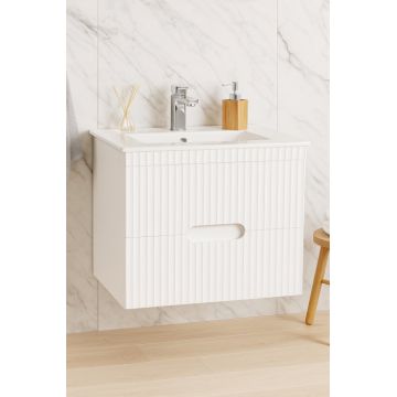 Set Baza front MDF si Lavoar seria 009, suspendata, cu sertare, 70 cm, alb