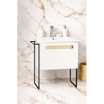 Set Baza front MDF si Lavoar seria 032, cu sertar, cadru metalic, montat, 60 cm, alb + sonoma