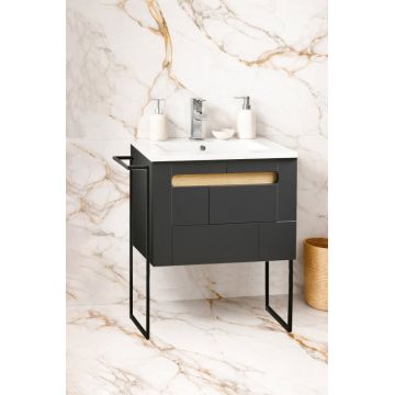 Set Baza front MDF si Lavoar seria 032, cu sertar, cadru metalic, montat, 60 cm, antracit + sonoma
