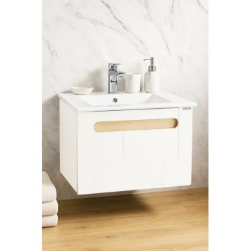 Set Baza front MDF si Lavoar seria 032, suspendata, cu sertar, montat, 60 cm, alb + sonoma