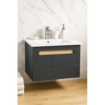 Set Baza front MDF si Lavoar seria 032, suspendata, cu sertar, montat, 60 cm, antracit + sonoma