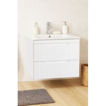 Set Baza front MDF si Lavoar seria 033, suspendata, cu sertare, montat, 60 cm, alb rustic