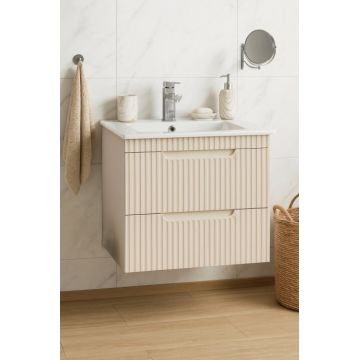 Set Baza front MDF si Lavoar seria 033, suspendata, cu sertare, montat, 60 cm, crem