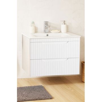 Set Baza front MDF si Lavoar seria 033, suspendata, cu sertare, montat, 70 cm, alb rustic