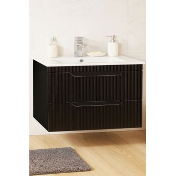 Set Baza front MDF si Lavoar seria 033, suspendata, cu sertare, montat, 80 cm, negru