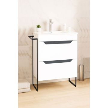 Set Baza front MDF si Lavoar seria 056, cu sertare, cadru metalic, 50 cm, alb + antracit