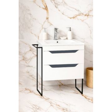 Set Baza front MDF si Lavoar seria 056, cu sertare, cadru metalic, 60 cm, alb + antracit