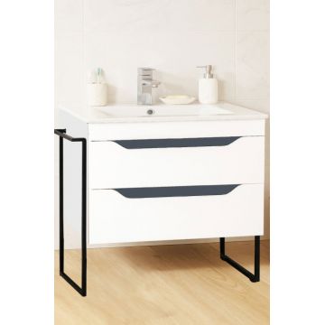 Set Baza front MDF si Lavoar seria 056, cu sertare, cadru metalic, 80 cm, alb + antracit