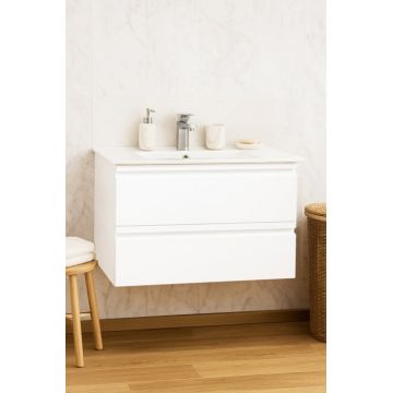 Set Baza front MDF si Lavoar seria 086, suspendata, cu sertare, montat, 80 cm, alb