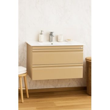 Set Baza front MDF si Lavoar seria 086, suspendata, cu sertare, montat, 80 cm, cappuccino