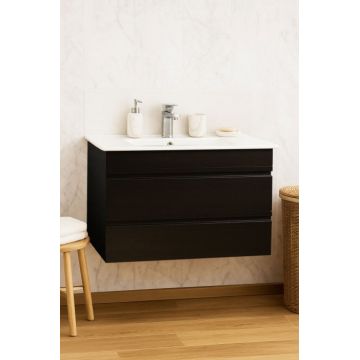 Set Baza front MDF si Lavoar seria 086, suspendata, cu sertare, montat, 80 cm, negru