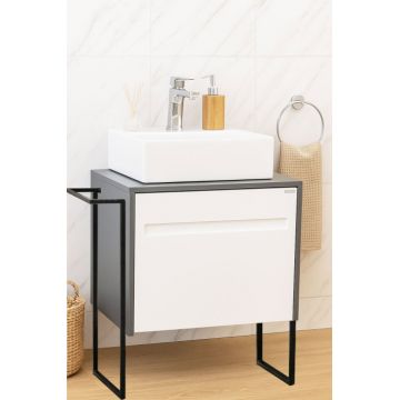 Set Baza front MDF si Lavoar seria 401, cu sertare, cadru metalic, montat, 60 cm, antracit