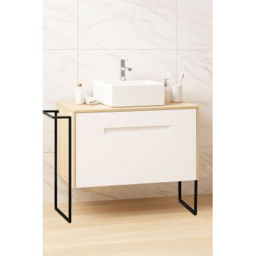 Set Baza front MDF si Lavoar seria 401, cu sertare, cadru metalic, montat, 90 cm, fag