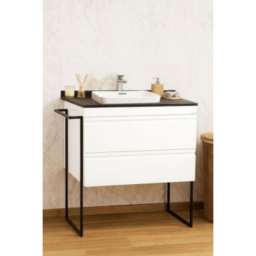 Set Baza front MDF si Lavoar seria 633, cu sertare, cadru metalic, montat, 80 cm, alb rustic