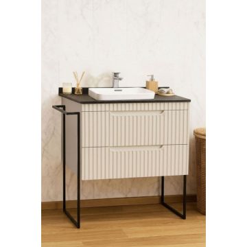 Set Baza front MDF si Lavoar seria 633, cu sertare, cadru metalic, montat, 80 cm, crem