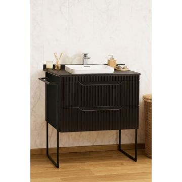 Set Baza front MDF si Lavoar seria 633, cu sertare, cadru metalic, montat, 80 cm, negru