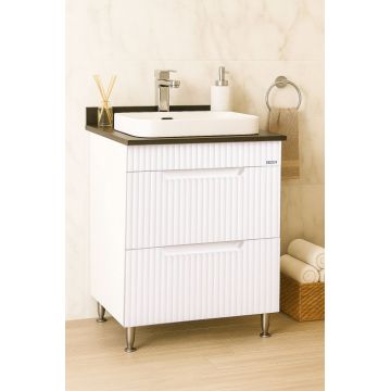 Set Baza front MDF si Lavoar seria 633, cu sertare, montat, 60 cm, alb rustic