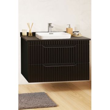 Set Baza front MDF si Lavoar seria 633, suspendata, cu sertare, montat, 80 cm, negru