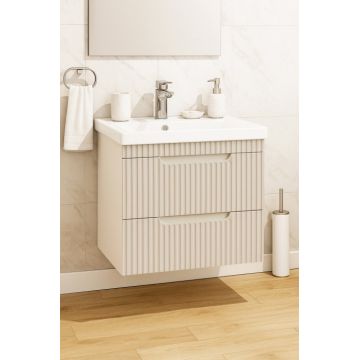 Set Baza front MDF si Lavoar seria 733, suspendata, cu sertare, montat, 60 cm, crem