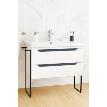 Set Baza front MDF si Lavoar seria 756, cu sertare, cadru metalic, 80 cm, alb + antracit