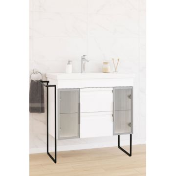 Set Baza front MDF si Lavoar seria 758, cu sertare, cadru metalic, montat, 100 cm, alb