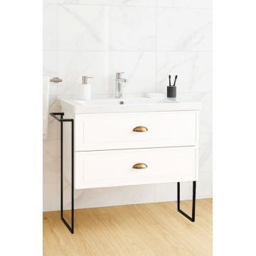 Set Baza front MDF si Lavoar seria 796, cu sertare, cadru metalic, montat, 80 cm, alb rustic