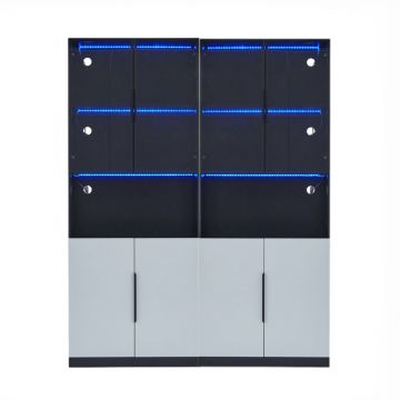 Vitrină modernă minimalistă cu uși din sticlă, iluminare LED, 160x30x200 cm, Alb + Negru