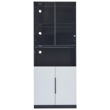 Vitrină modernă minimalistă cu uși din sticlă, lumini LED, 80x30x200 cm, Alb + Negru