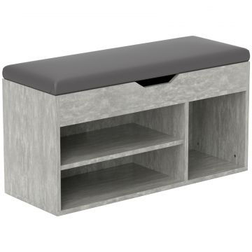 Banca pentru incaltaminte cu 3 Rafturi Deschise, Spatiu Ascuns si Perna Capitonata, 80x30x45 cm, Gri