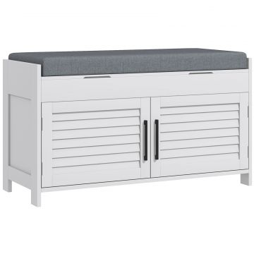 Banca pentru pantofi cu raft interior reglabil pe 3 niveluri, din MDF si material textil cu aspect de in, 90x36x50 cm, alb si gri