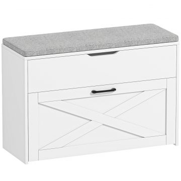 Banca pentru Pantofi cu Sertar Rabatabil si Compartiment de Depozitare, Capacitate 8 Perechi de Pantofi, 80x30x55 cm, Alb