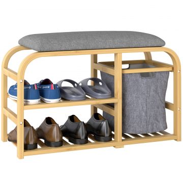 Banca pentru Pantofi din Bambus cu 2 Rafturi si Cos Detasabil, 70x30x45 cm, Lemn