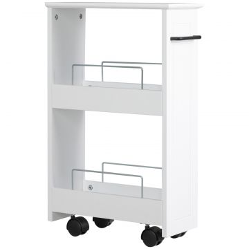 Carucior multifunctional pentru economisirea spatiului pentru baie si bucatarie, carucior din lemn MDF cu roti pivotante si maner, 42,5x20,3x66,7cm,