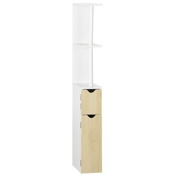 Coloana de baie cu 2 rafturi si 2 dulapuri, dulap de baie cu economie de spatiu mare din MDF, 15,2x29,8x118cm, alb si lemn