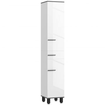Coloana de Baie Moderna cu Sertar, 2 Dulapuri, 2 Usi si Rafturi Reglabile, Mobilier de Baie, 34x34x190 cm, Alb