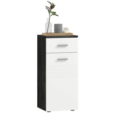 Dulap Baie din Lemn cu Sertar si Rafturi, Design Alb si Negru
