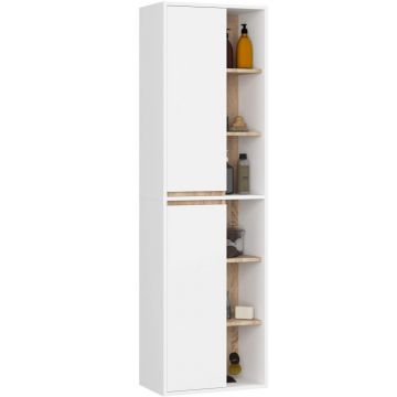 Dulap baie suspendat 2 usi si 6 rafturi, PAL laminat 16 mm, margini ABS, fronturi mate, 50x30x170 cm, alb stejar