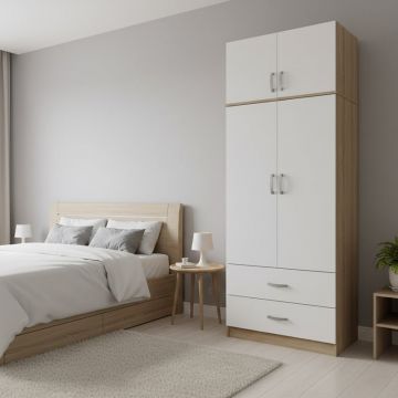 Dulap cu 2 usi, Athos, V17, Alb-Stejar, 80x42x240 cm