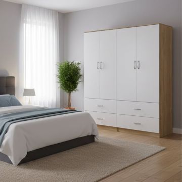 Dulap cu 4 usi, Athos, V14, Alb-Stejar, 160x42x180 cm