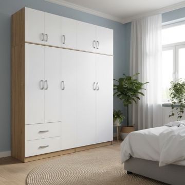 Dulap cu 5 usi, Athos I, V23, Alb-Stejar, 170x42x240 cm