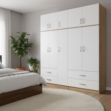 Dulap cu 5 usi, Athos, V24, Alb-Stejar, 170x42x240 cm