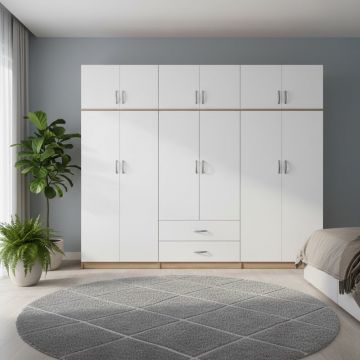 Dulap cu 6 usi, Athos I, V10, Alb-Stejar, 240x42x240 cm