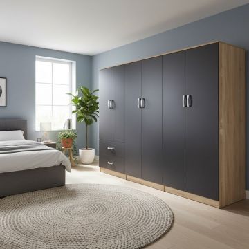 Dulap cu 6 usi, Athos I, V26, Antracit-Stejar, 240x42x180 cm