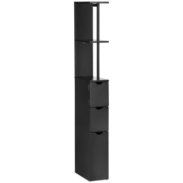 Dulap cu coloana din lemn ce economie de spatiu, dulap de baie cu rafturi, dulap si sertare, negru, 15x33x136cm
