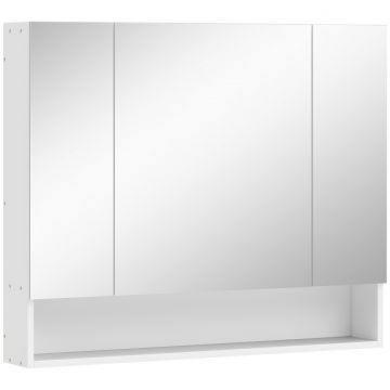 , Dulap cu Oglinda, 3 Usi Soft Close si Rafturi Reglabile, MDF, sticla, 90 cm x 15 cm x 75 cm, Alb